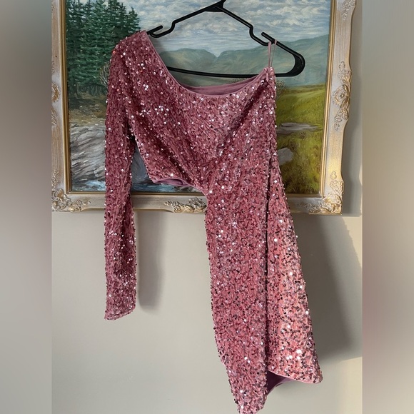 Y2K One sleeve cutout Pink Sequin Bodycoon dress size Small NWOT - Picture 2 of 4